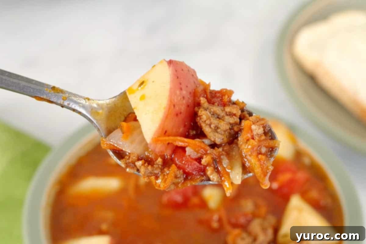 Homestyle Hamburger Potato Soup 3 A spoon lifting a delicious spoonful of hamburger potato soup, showing the rich broth and hearty ingredients.
