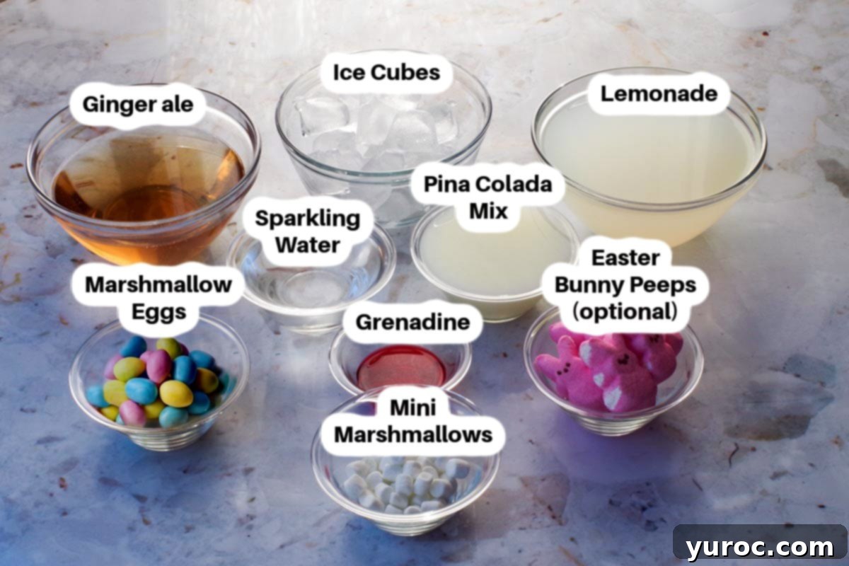 Ingredients in Easter Punch in glass bowls, labelled.