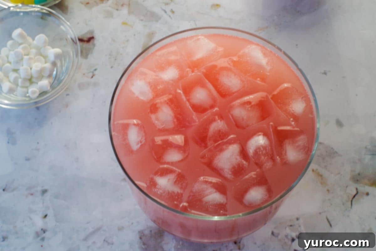 Ice cubes added to punch.