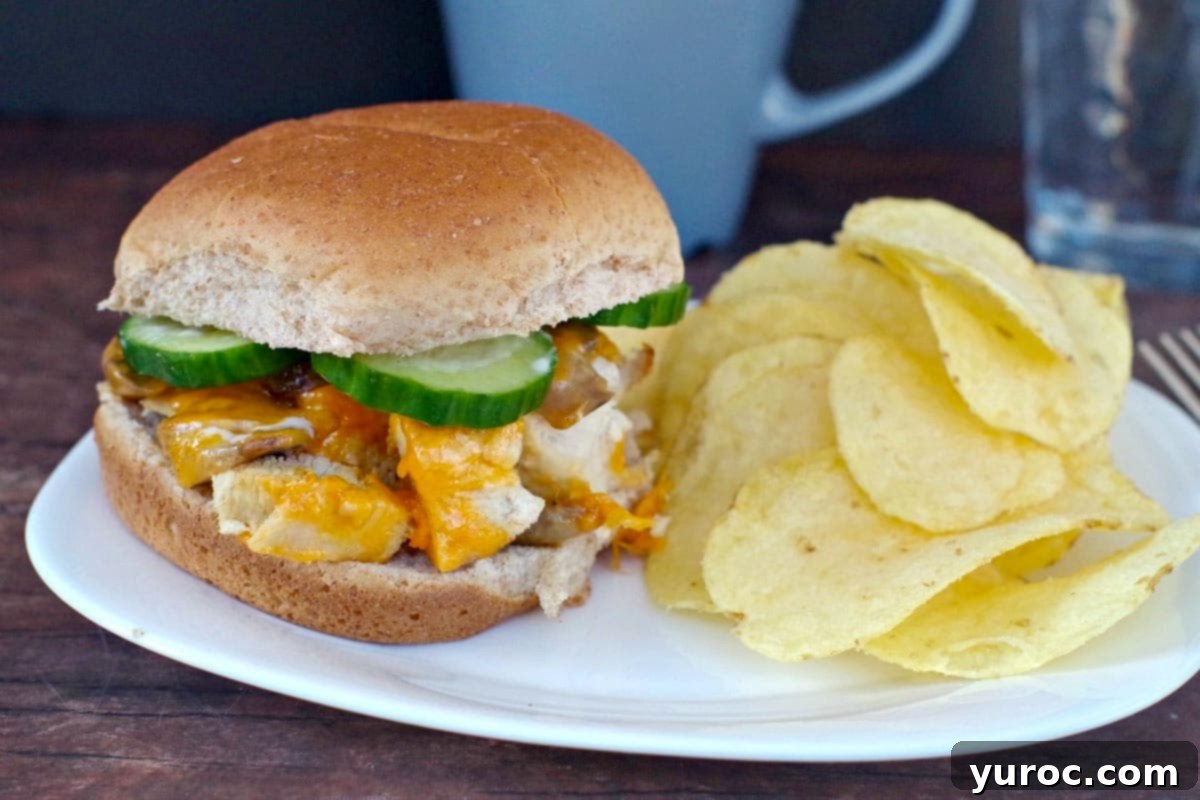 chicken breast burger on a white plate with potato chip and blue coffee mug in the background