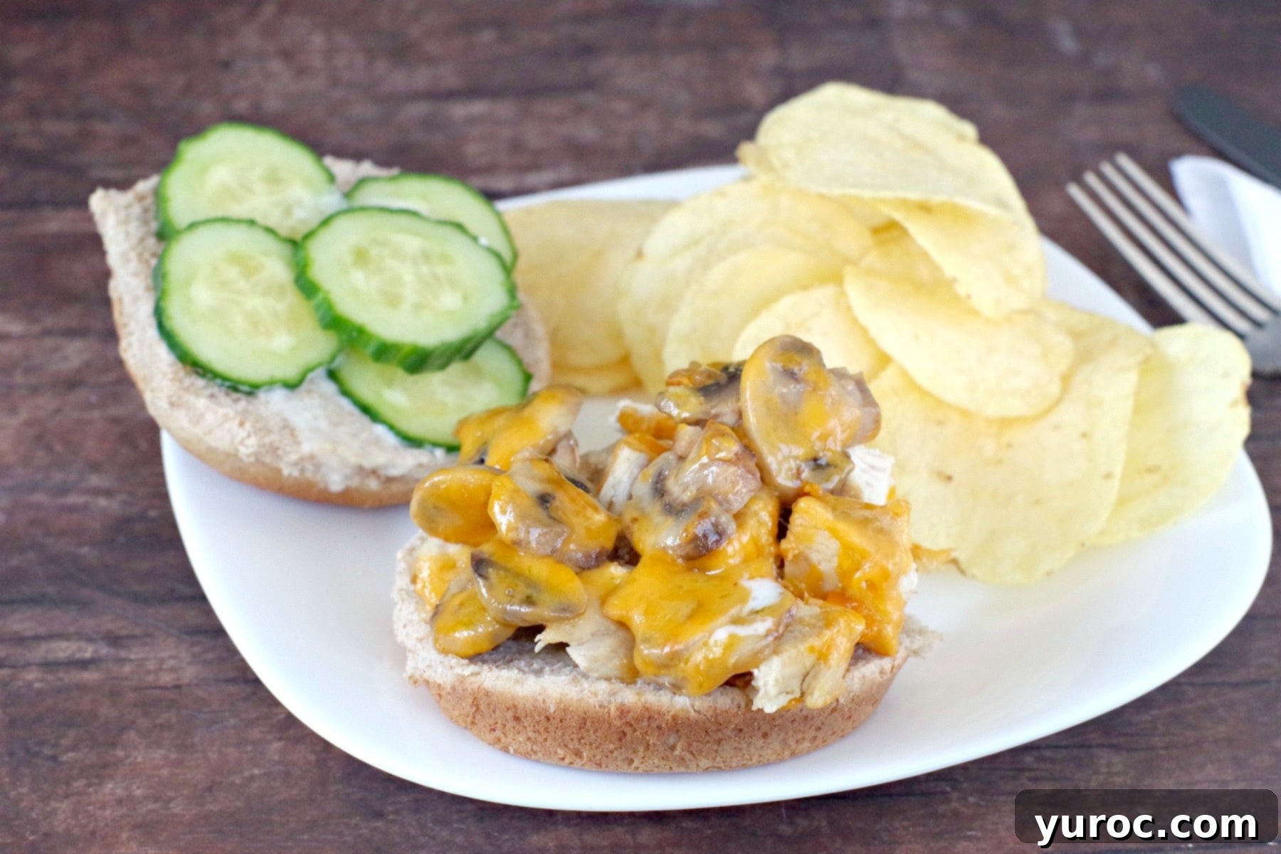 chicken breast sandwich on plate with chicken and mushrooms on one side and cucumber on other side of bun