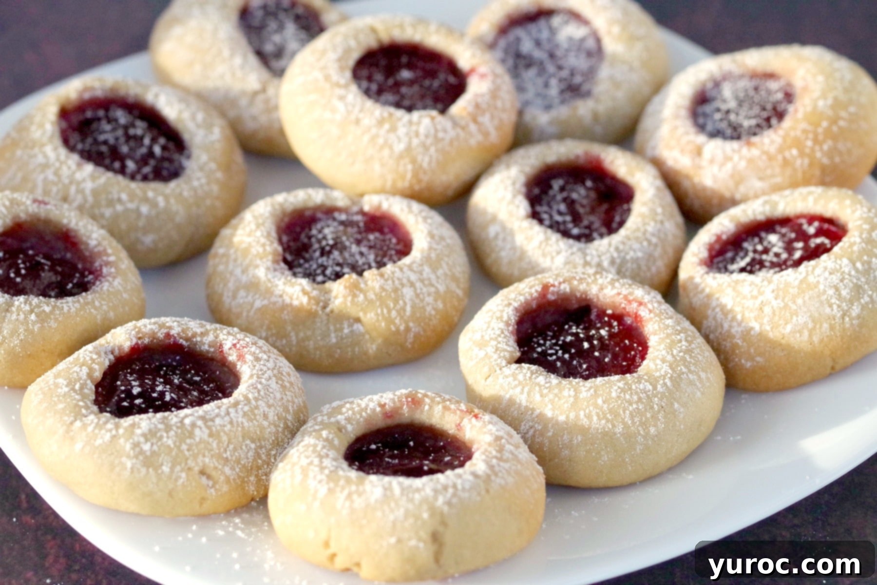 A plate of perfectly baked raspberry jam cookies, dusted with powdered sugar, evoking a sense of warmth and nostalgia.