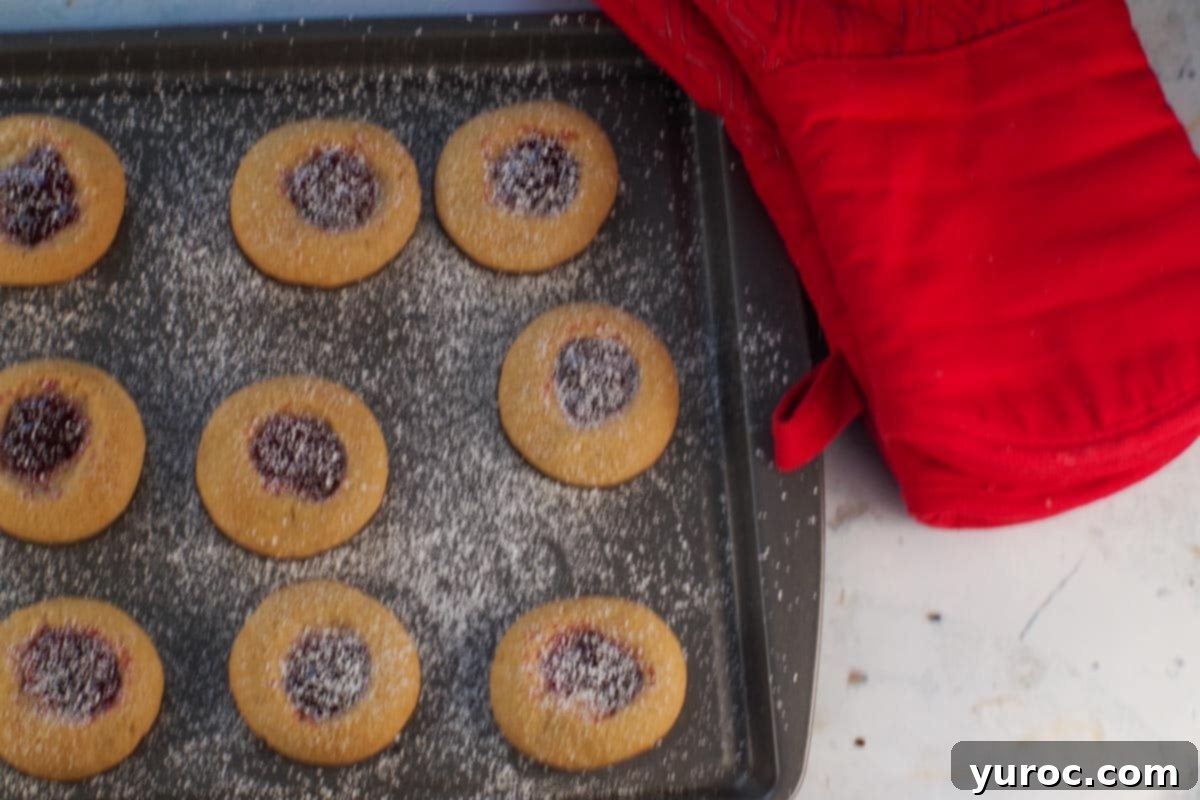 Baked jam filled cookies sprinkled with powdered sugar.