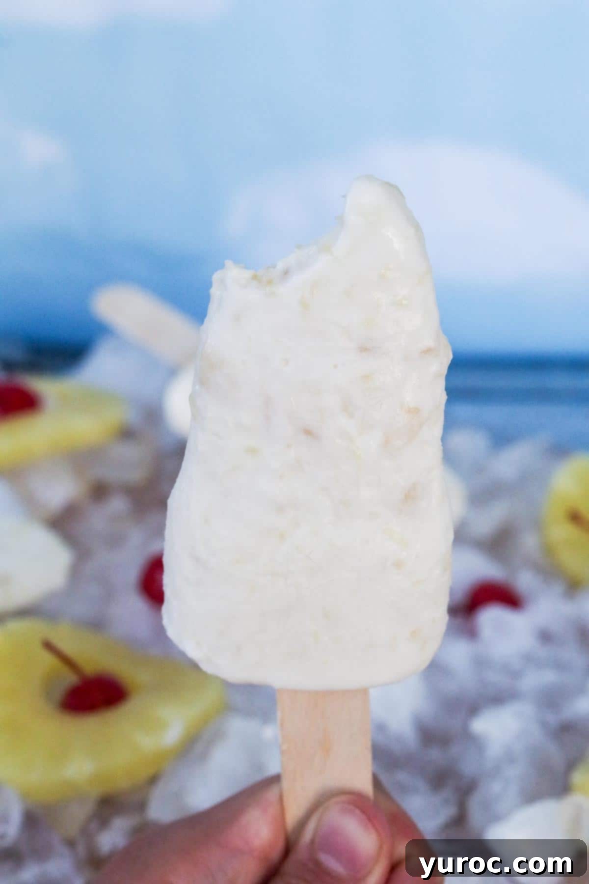 Cool & Creamy Virgin Pina Colada Pops 11 A delicious Piña Colada popsicle, with a bite taken, held by hand. In the background, pineapple rings, cherries, and more popsicles on ice.