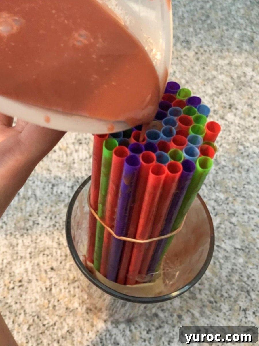 mixture being poured into straws in a glass