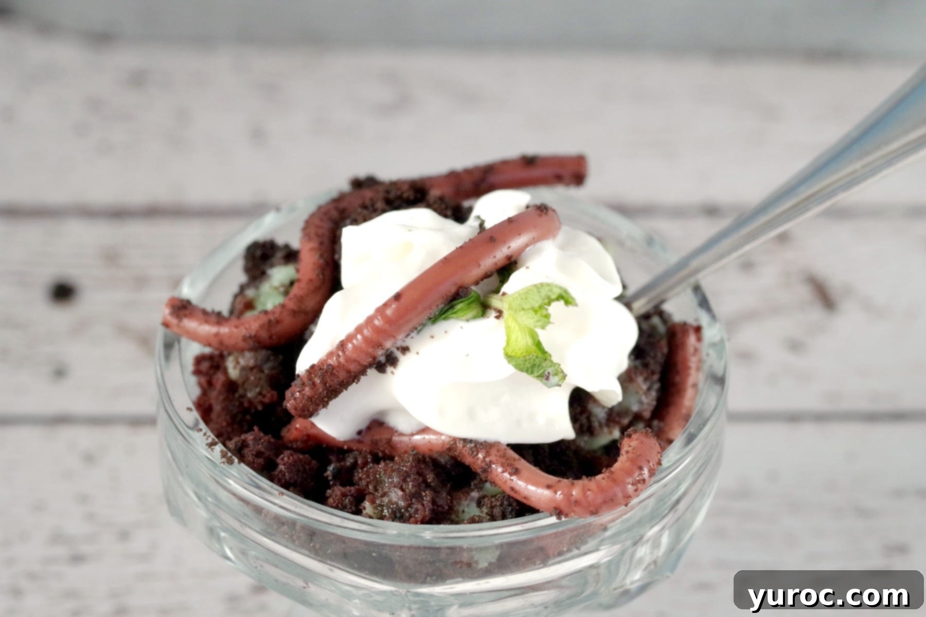 dirt and worms dessert in clear dessert bowl with whipped cream on top