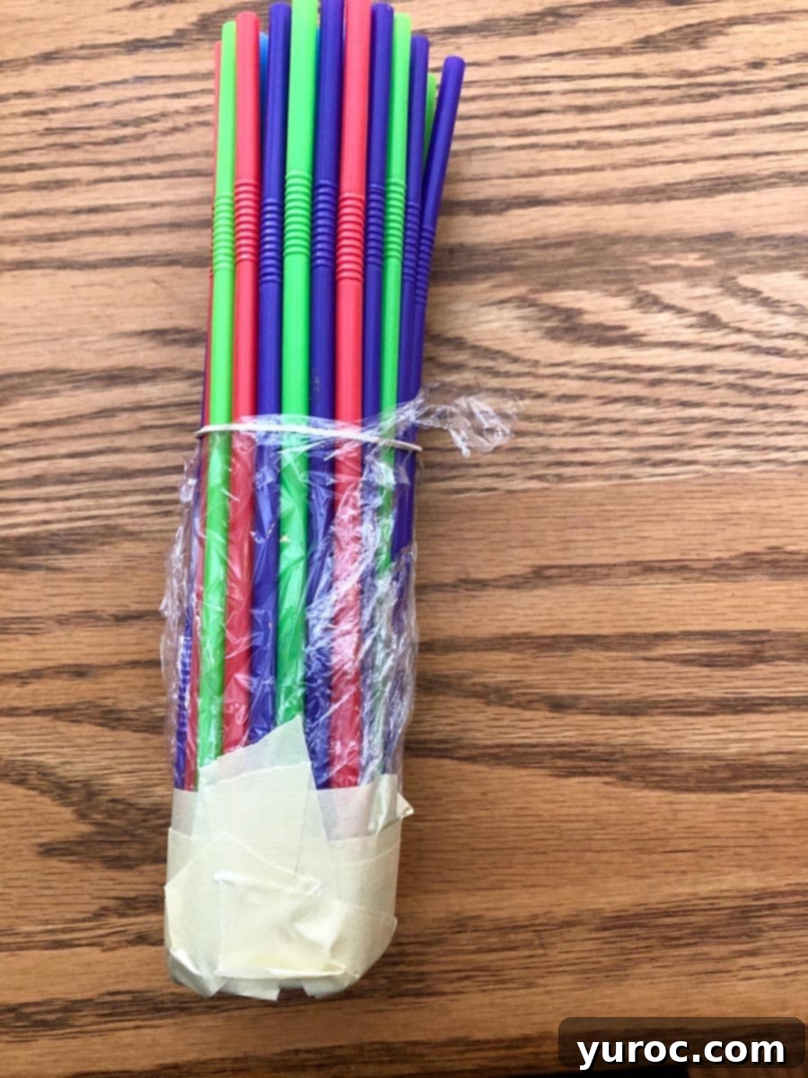 straws held together with elastic, with saran wrap and tape on the bottom