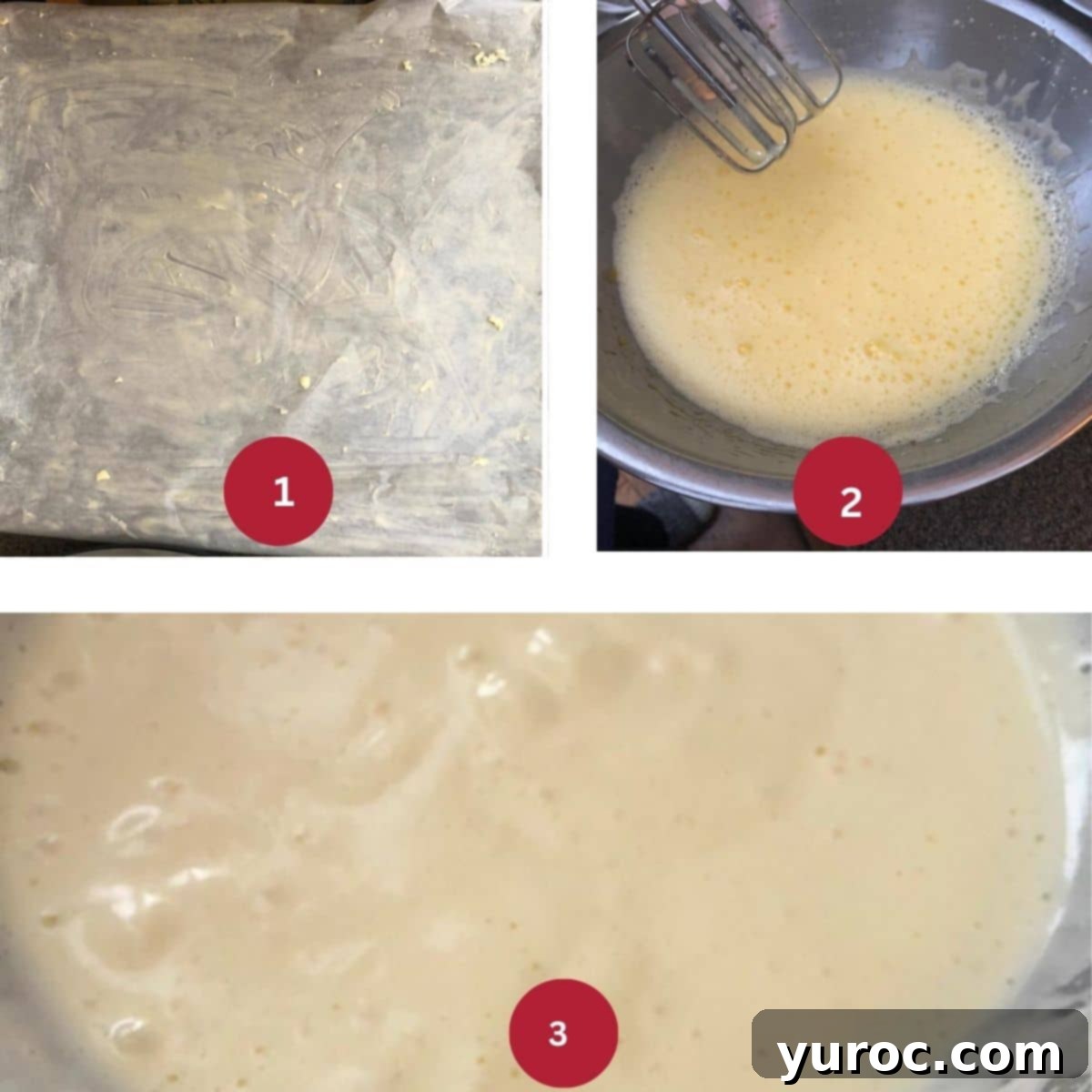 Collage of three photos showing the initial steps of making Easter Egg Cake Roll batter: mixing eggs and sugar over a bain-marie, and the thickening mixture.