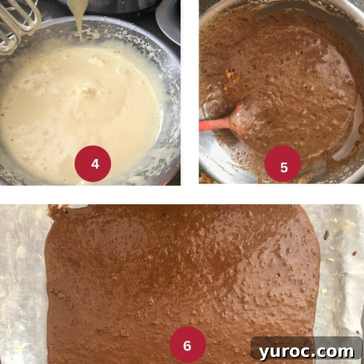 Collage of three photos illustrating the continuation of Easter Egg Swiss Roll Cake batter preparation and baking: folding in dry ingredients, spreading batter, and the baked cake.