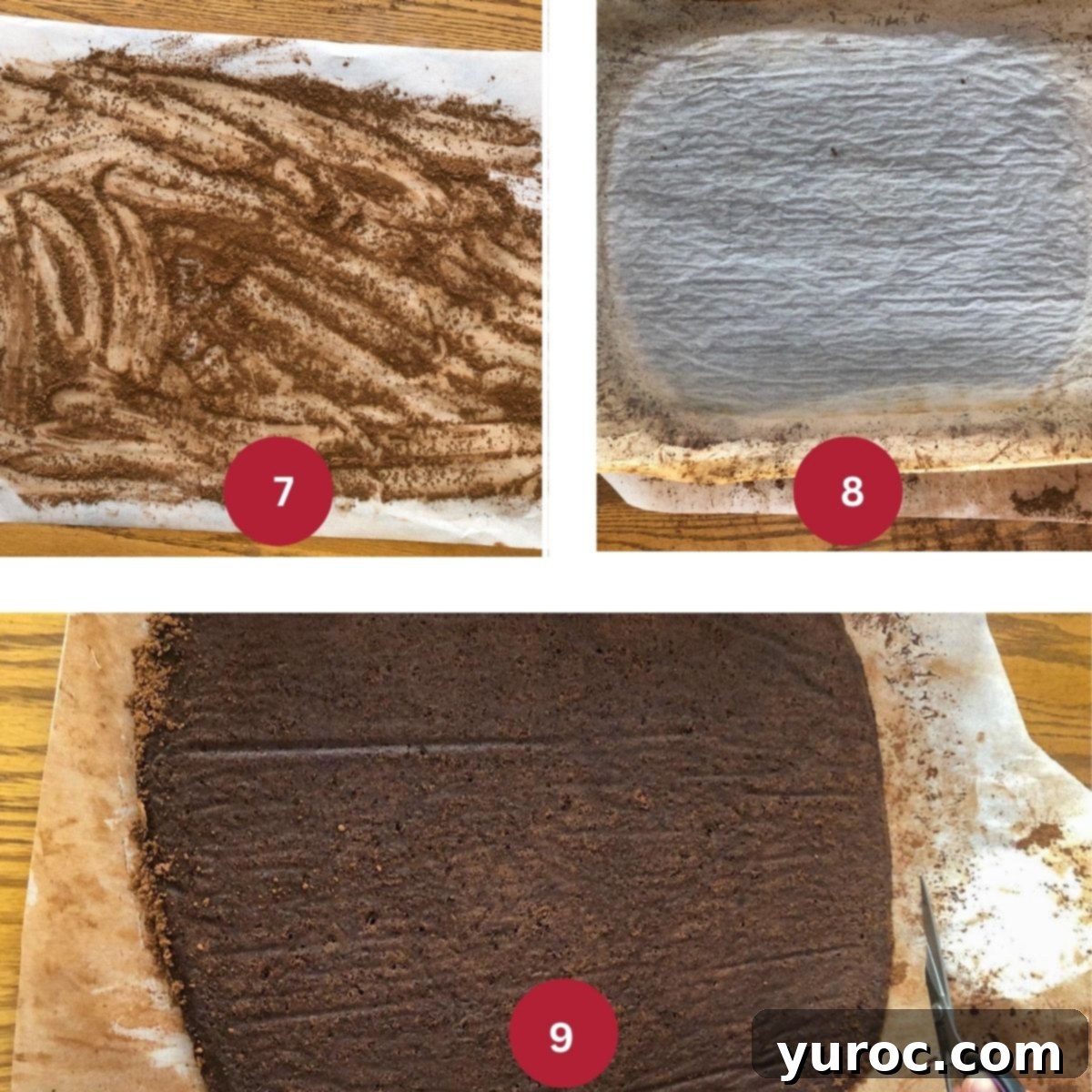 Collage of three photos showing the preparation of the baked cake for rolling: sprinkling cocoa, flipping the cake, and trimming parchment.