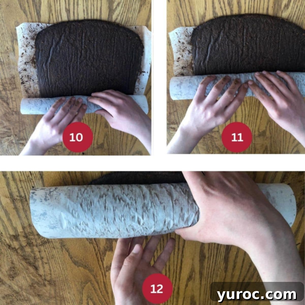 Collage of three photos demonstrating the rolling of the warm cake in parchment paper.