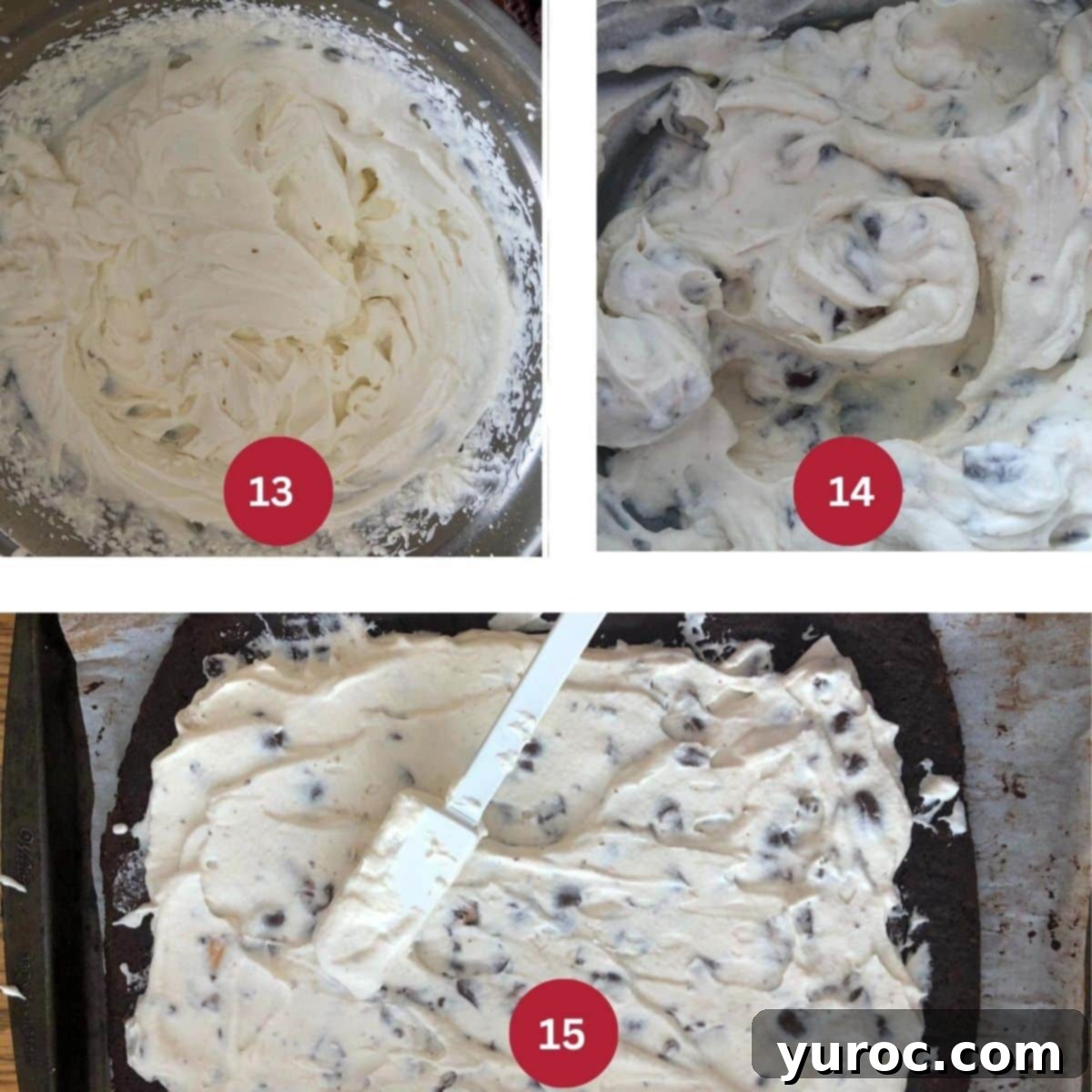 Collage of three photos illustrating the making of the Easter Creme Egg Swiss Roll filling.