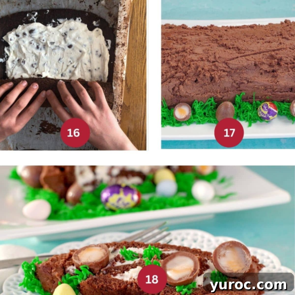 Collage of three photos showing the assembly and decoration of the Easter Creme Egg Swiss Roll Cake.