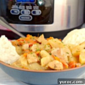 Nourishing Slow Cooker Chicken Stew 13 crockpot chicken stew in a blue bowl with biscuits on the side and a slow cooker in the background