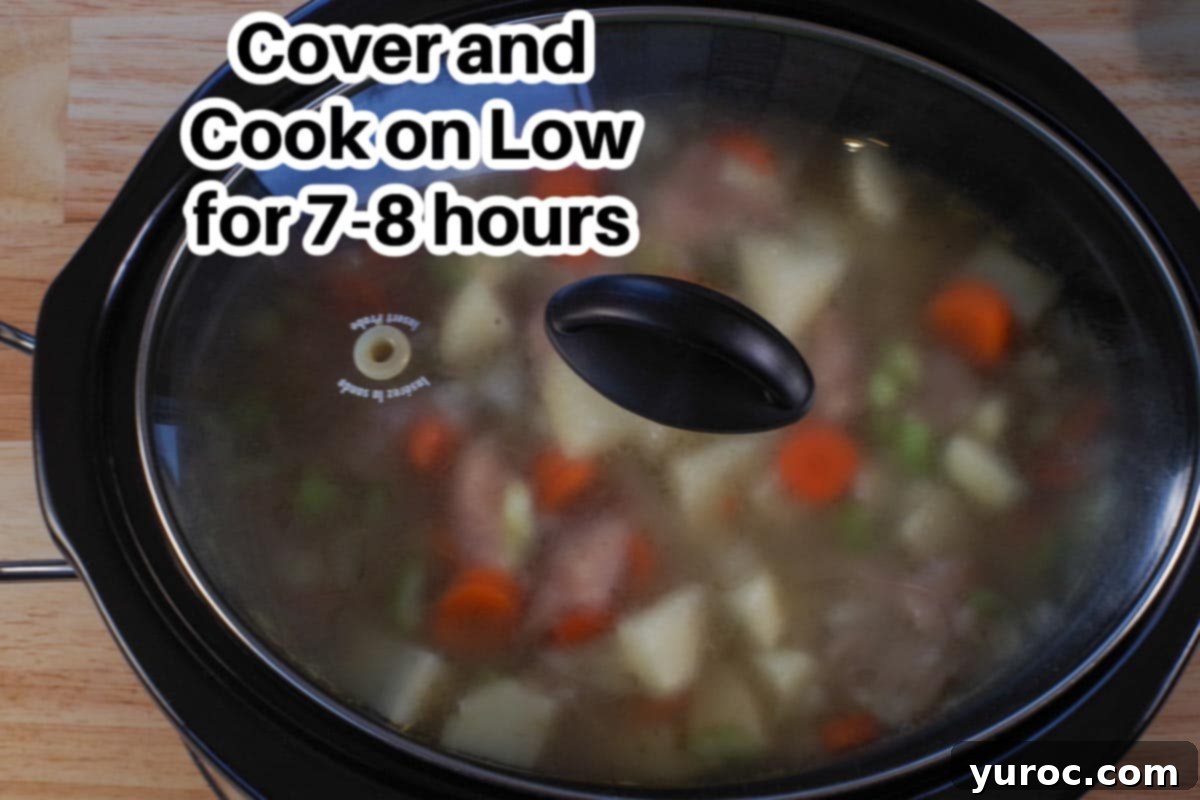 Nourishing Slow Cooker Chicken Stew 7 slow cooker chicken stew in crockpot with lid and text on the image