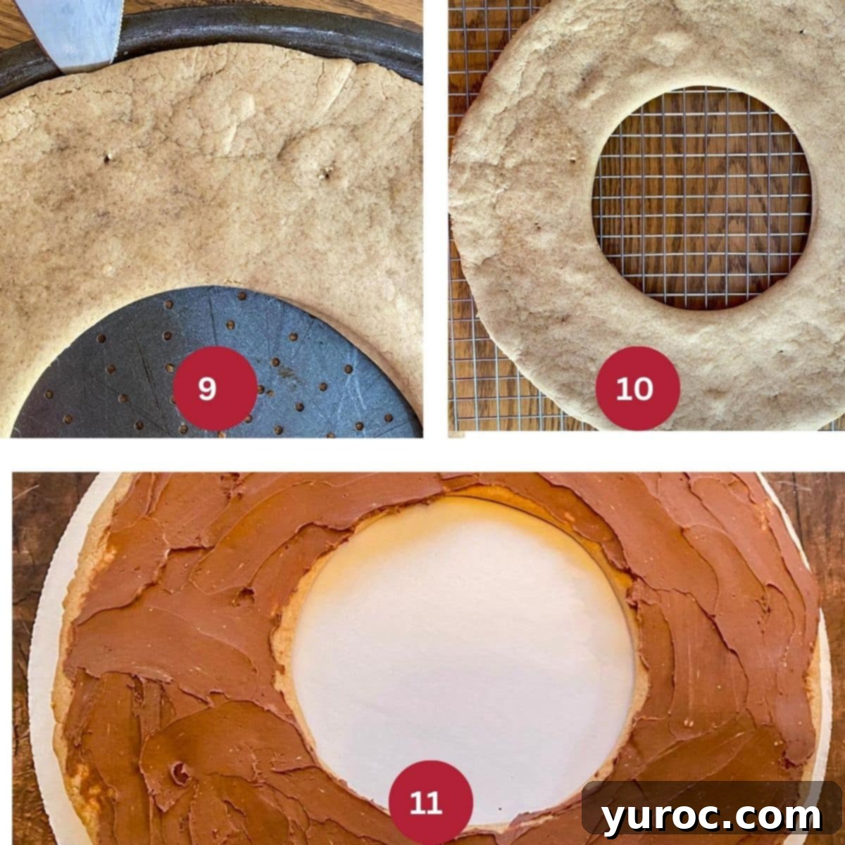 Collage of 3 photos of prepping the gingerbread for decorating.