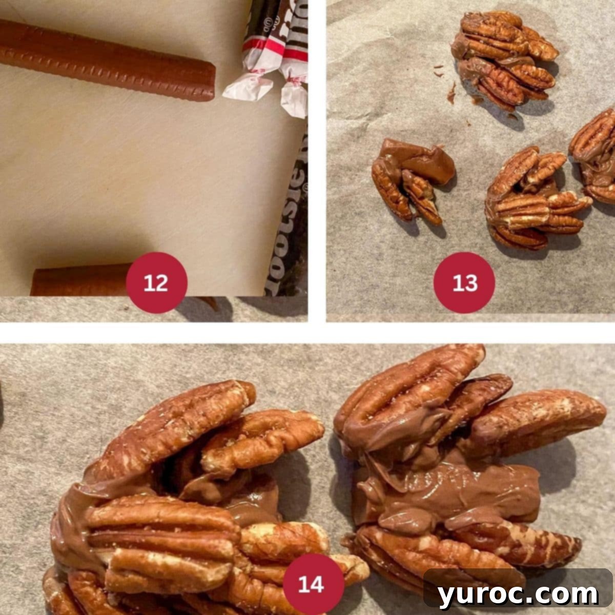 Collage of 3 photos of pecan pine cones being made.
