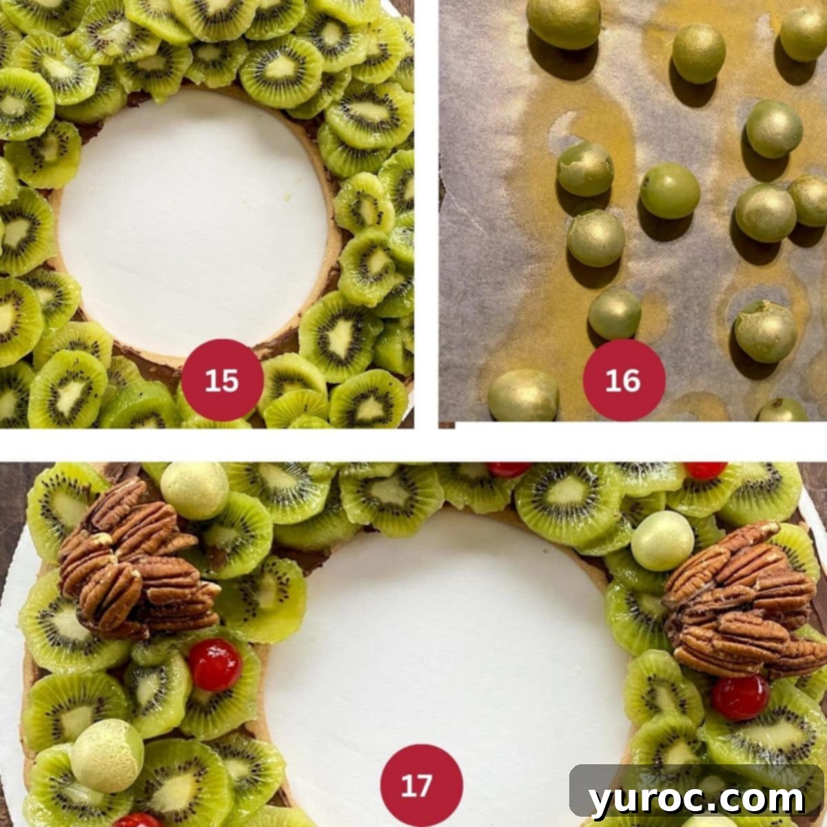 Collage of 3 photos of gingerbread wreath being assembled and fruit added,
