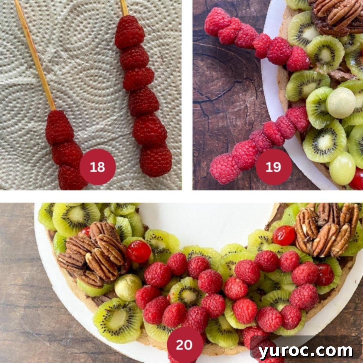 Collage of 3 photos of raspberry bow being made.