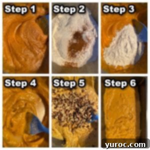 collage of 6 steps showing how to make dairy-free pumpkin bread