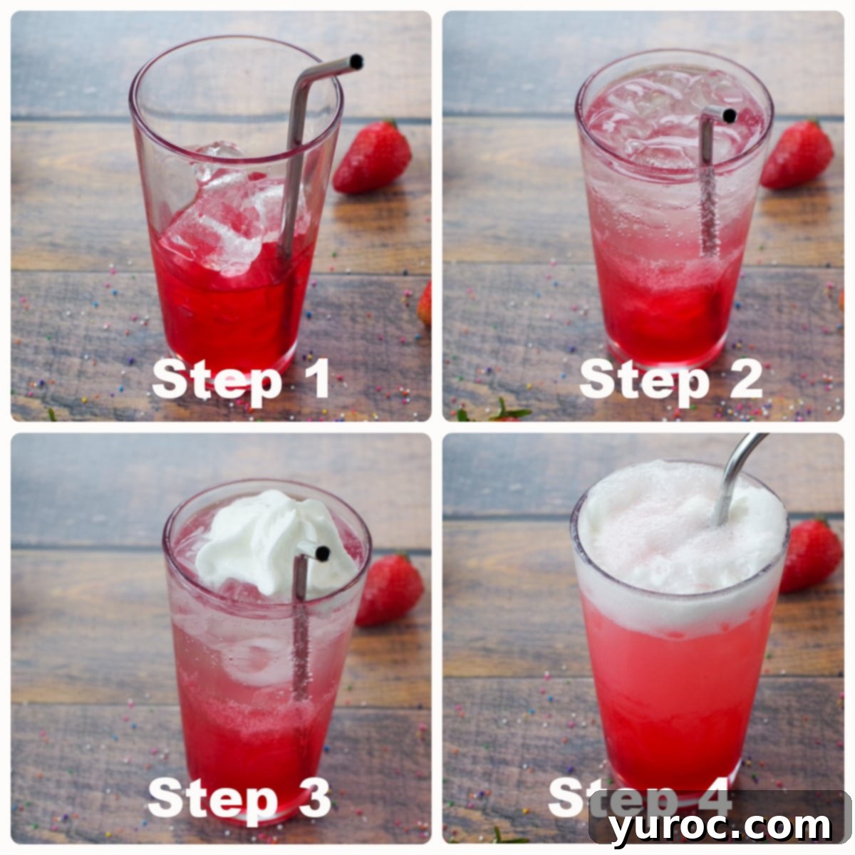 Strawberry Italian Bliss 4 a collage of 4 photos showing how to make Italian soda