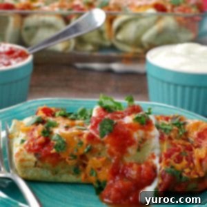 A serving of healthy leftover turkey enchiladas on a blue plate, with side dishes of sour cream and salsa, and a full pan of enchiladas in the background, tempting and delicious.