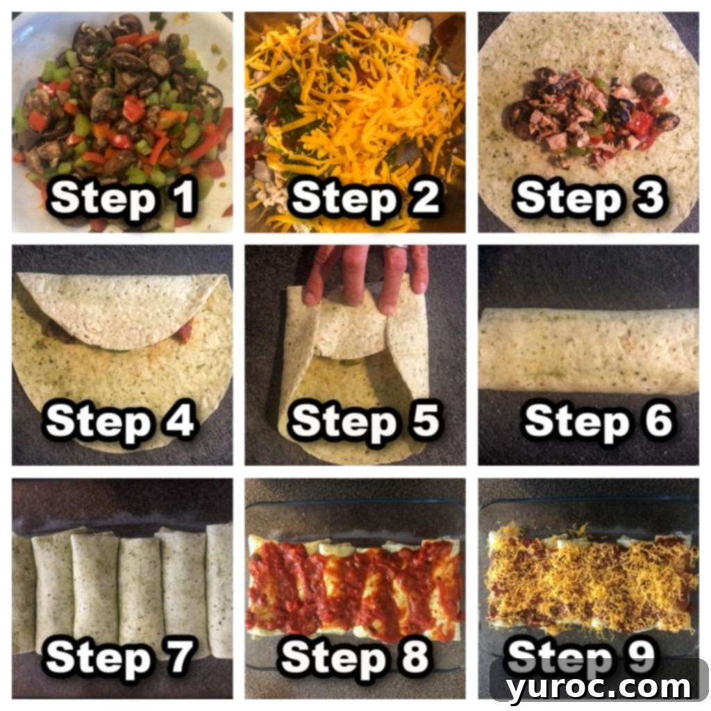 A visual collage illustrating 9 distinct steps for preparing healthy leftover turkey enchiladas, guiding users through the assembly process.