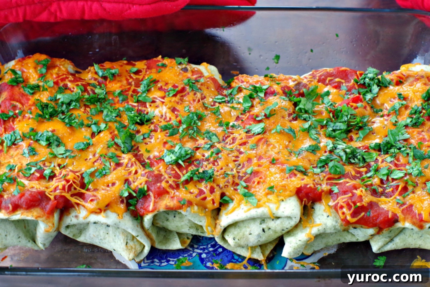 Baked healthy leftover turkey enchiladas in a glass casserole dish, garnished with melted cheese, vibrant salsa, and fresh chopped cilantro, ready to serve, with red oven mitts in the background.