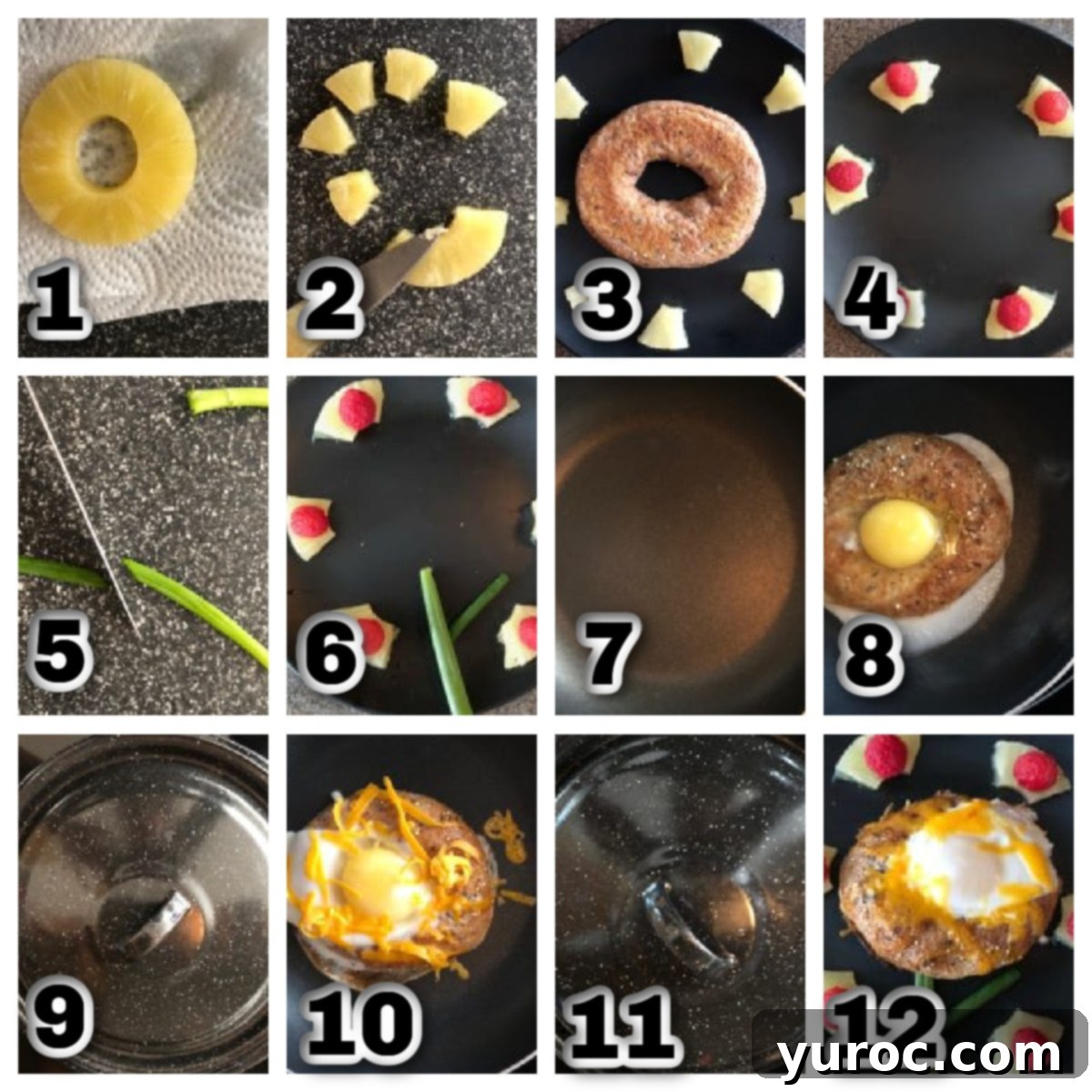collage of 12 photos showing how to make Bagel Toad in a Hole