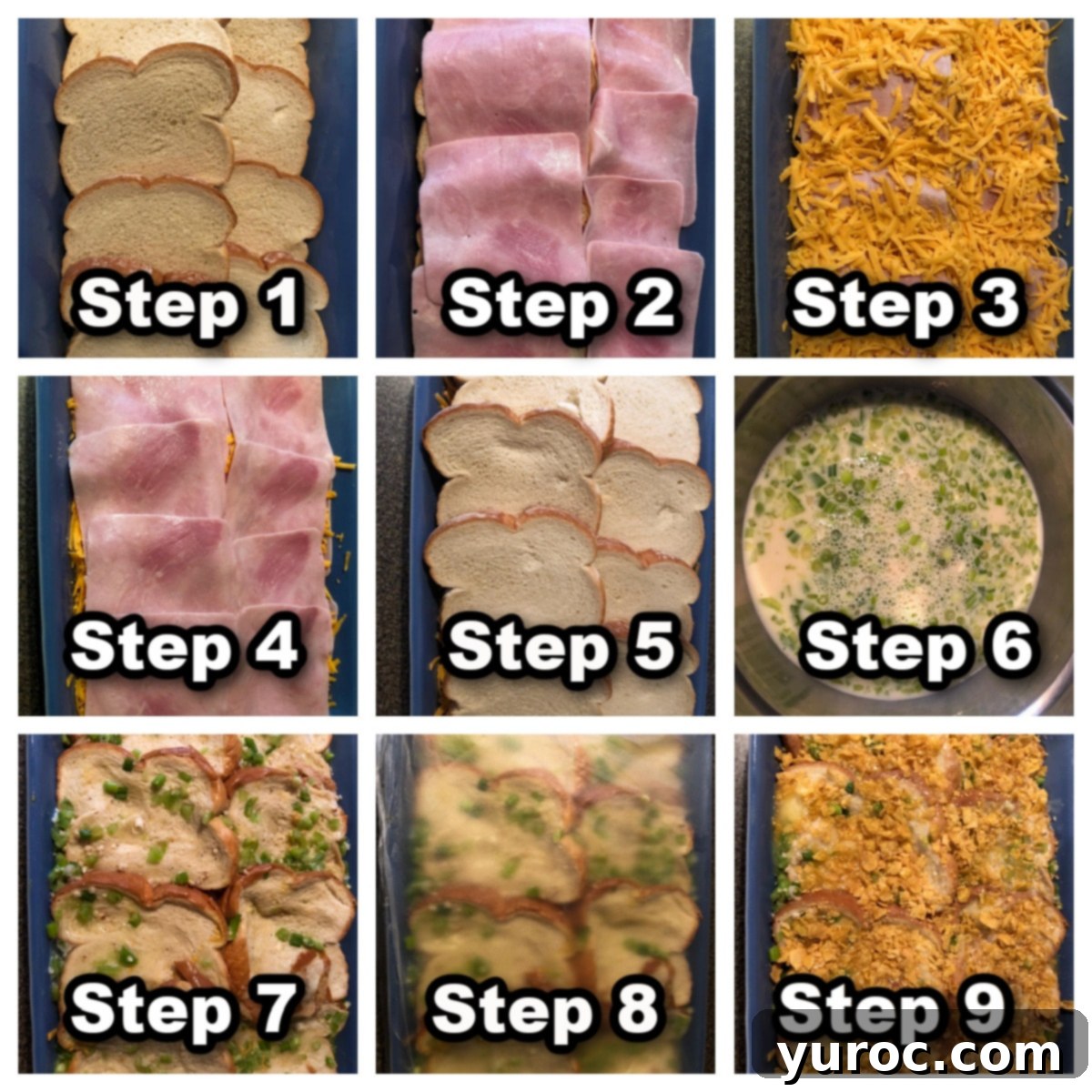 Stress-Free Christmas Breakfast Bake 5 collage of 9 photos with instructions for making Christmas morning breakfast casserole