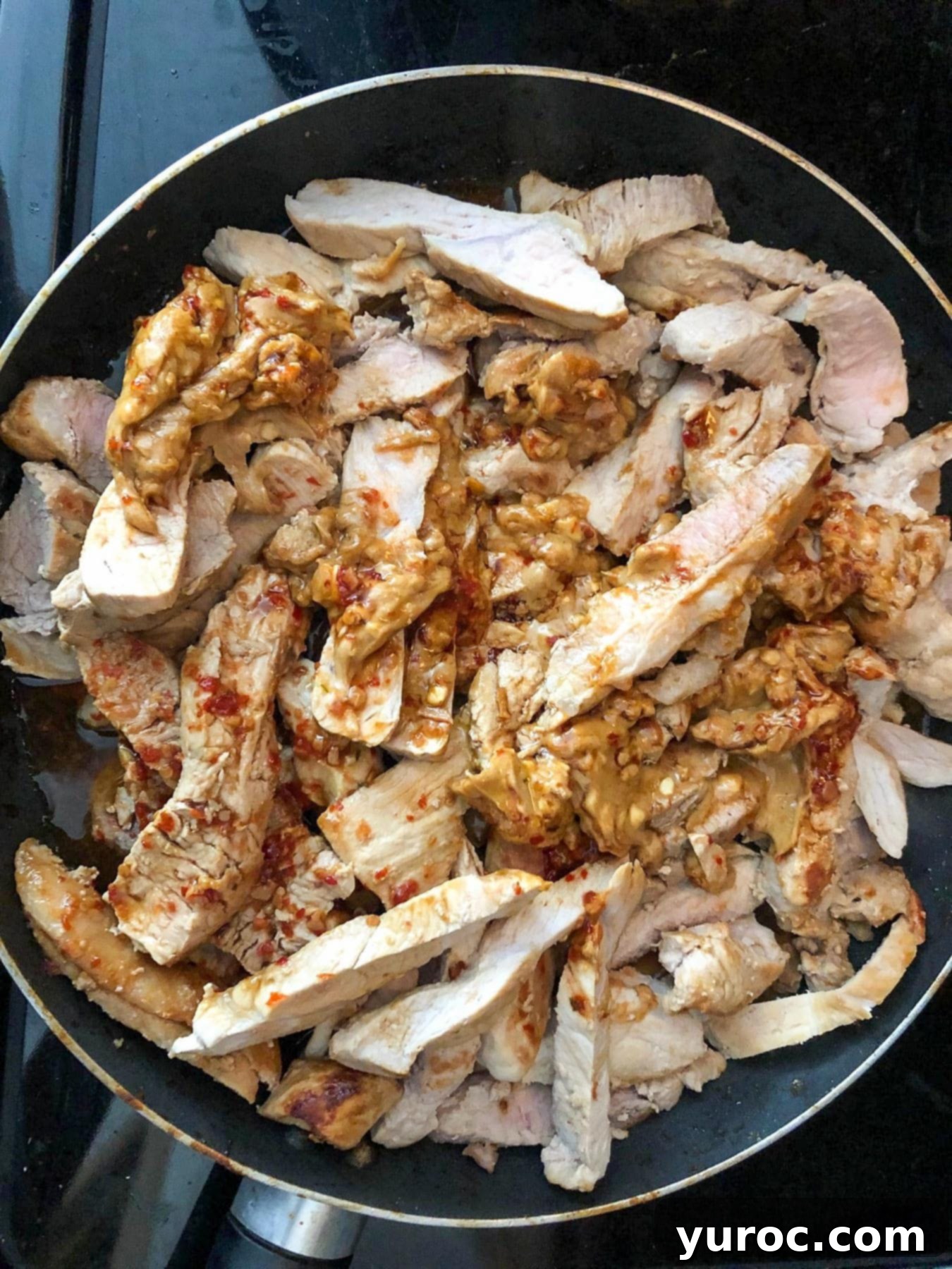 Weeknight Thai Pork Noodles 6 sliced pork with sauce in frying pan
