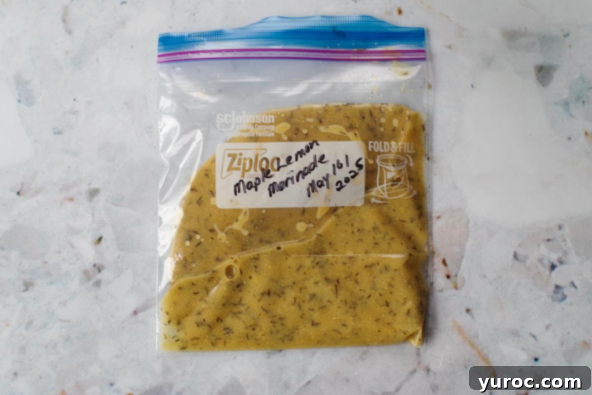Marinade in a Ziploc freezer bag, labelled .