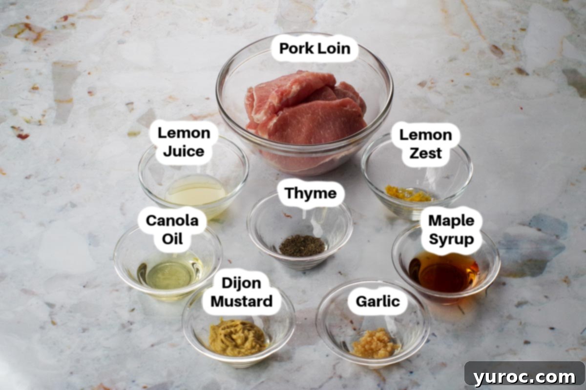Ingredients in Maple BBQ Pork Loin steaks in glass bowls, labelled.