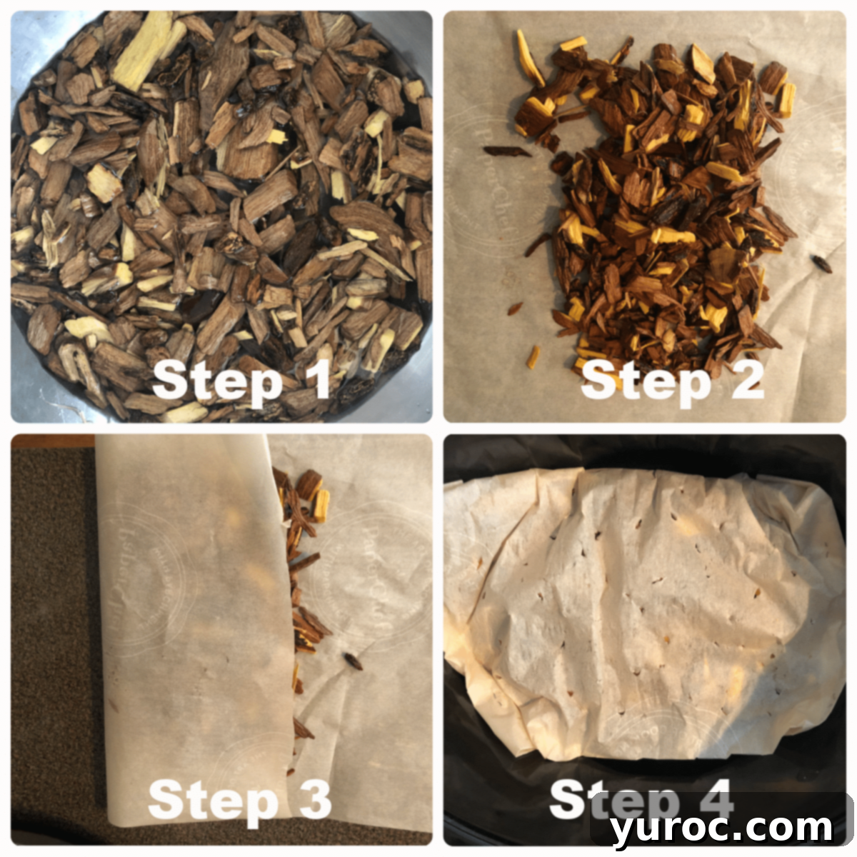 shows photos of 4 steps to making a wood chip packet for the slow cooker