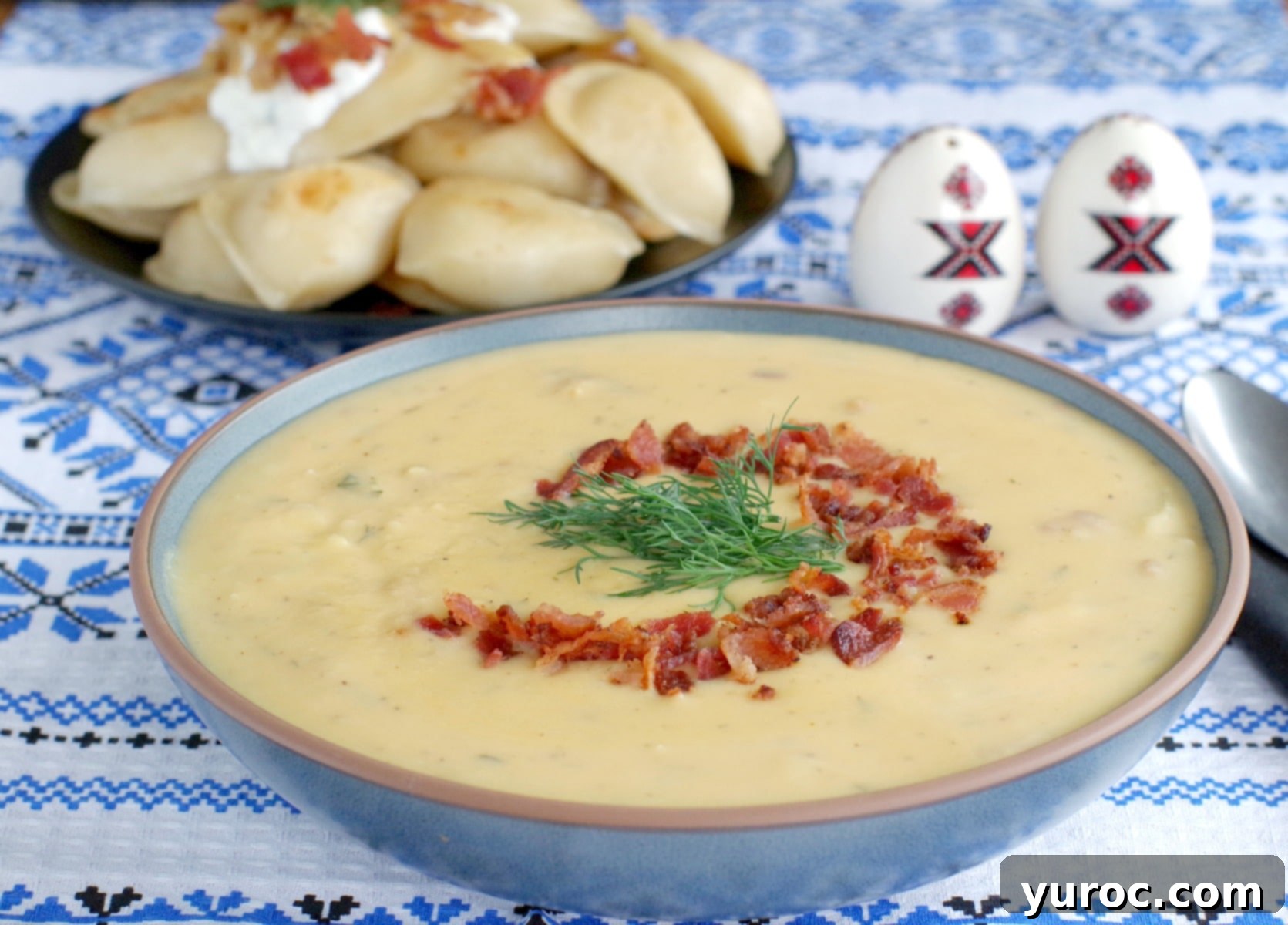 Sumptuous Pierogi Soup 2 Loaded Pierogi soup with a plate of loaded pierogies in the background