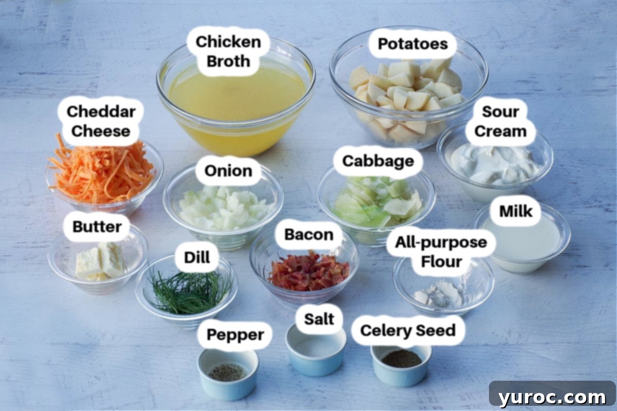 Sumptuous Pierogi Soup 3 Pierogi Soup Ingredients in glass bowls, labelled.