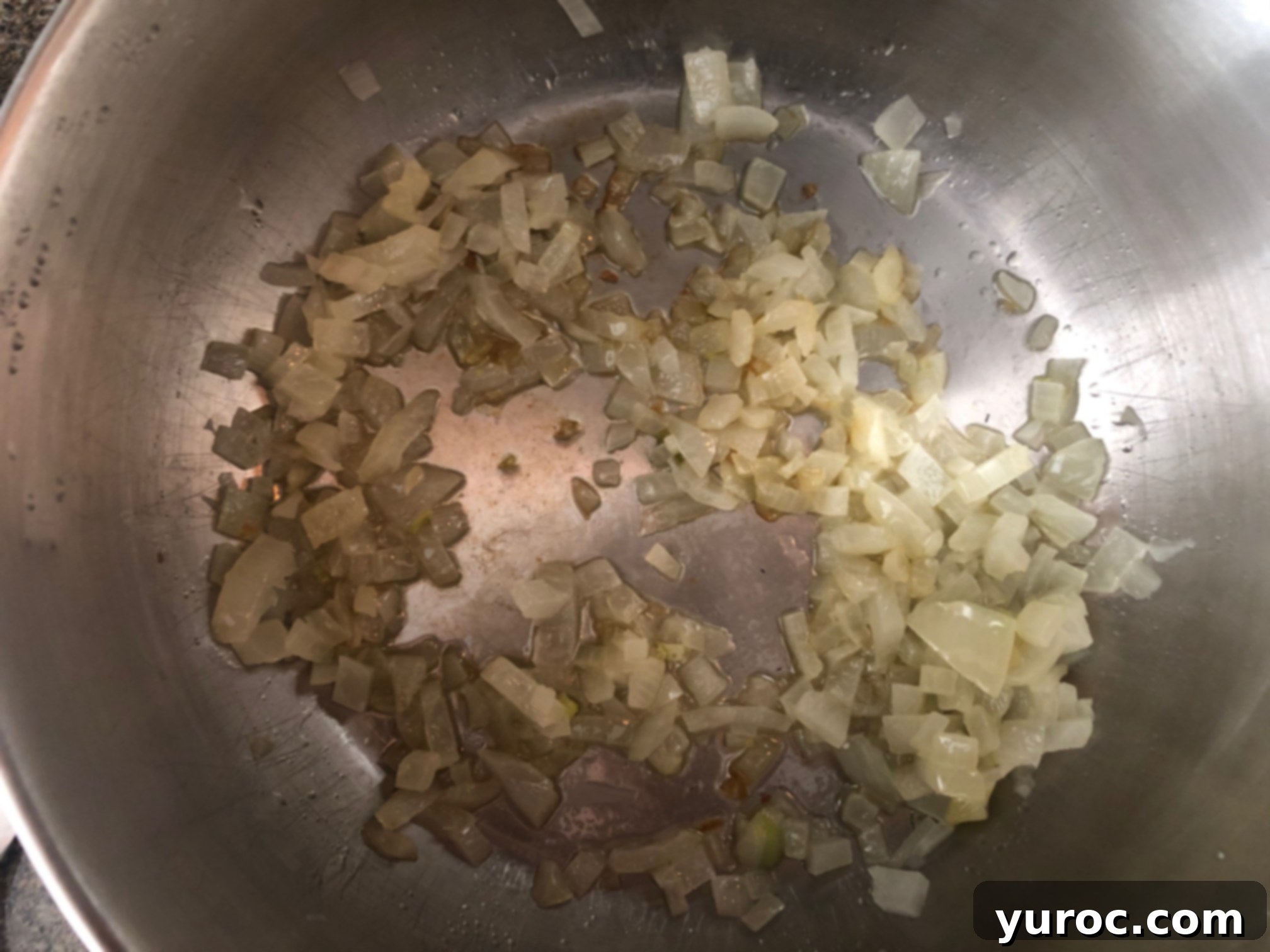 Sumptuous Pierogi Soup 4 onions sauteed with butter in saucepan