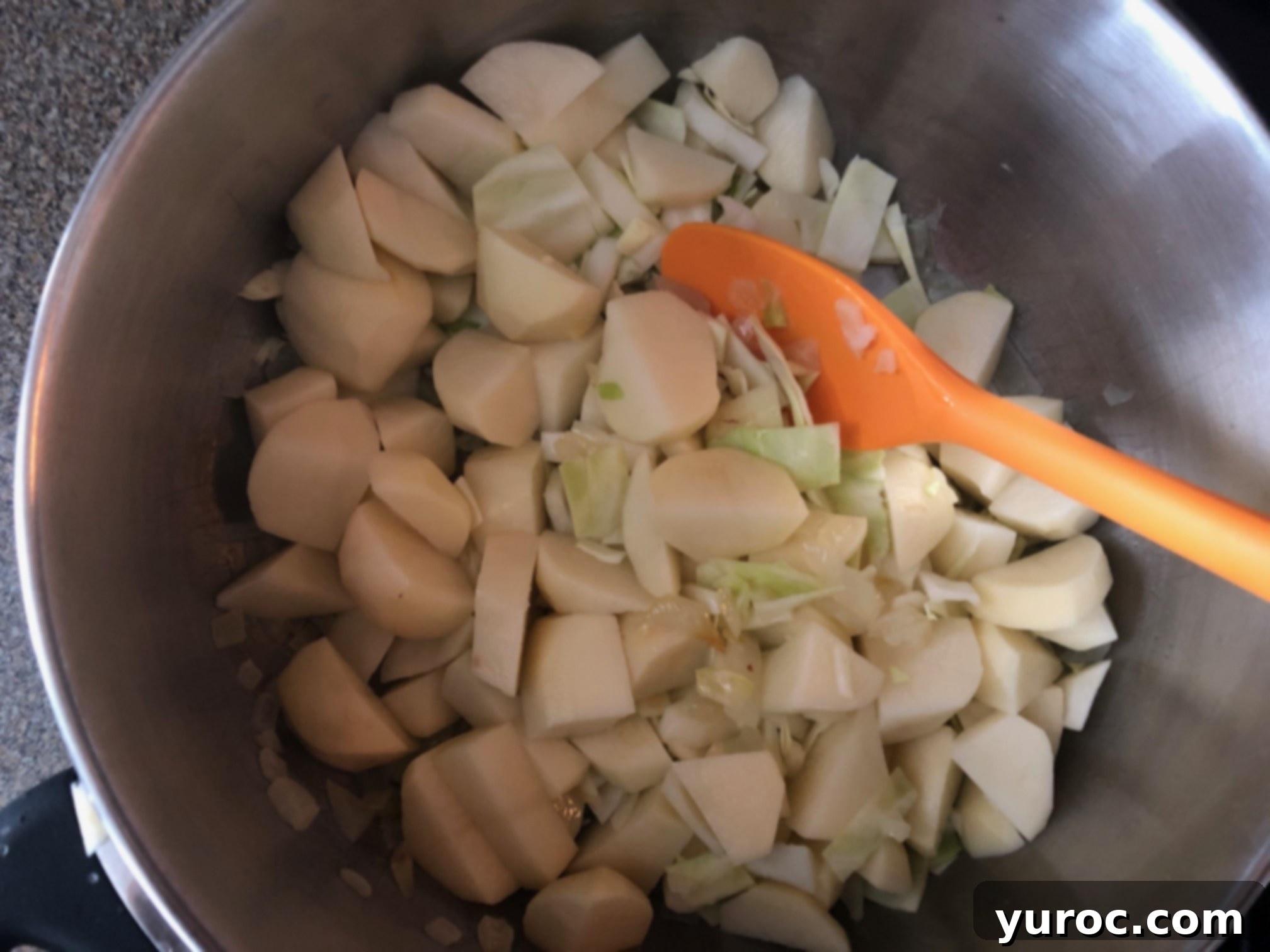 Sumptuous Pierogi Soup 5 cabbage, celery seed and chicken stock added to butter and onions in soup pot