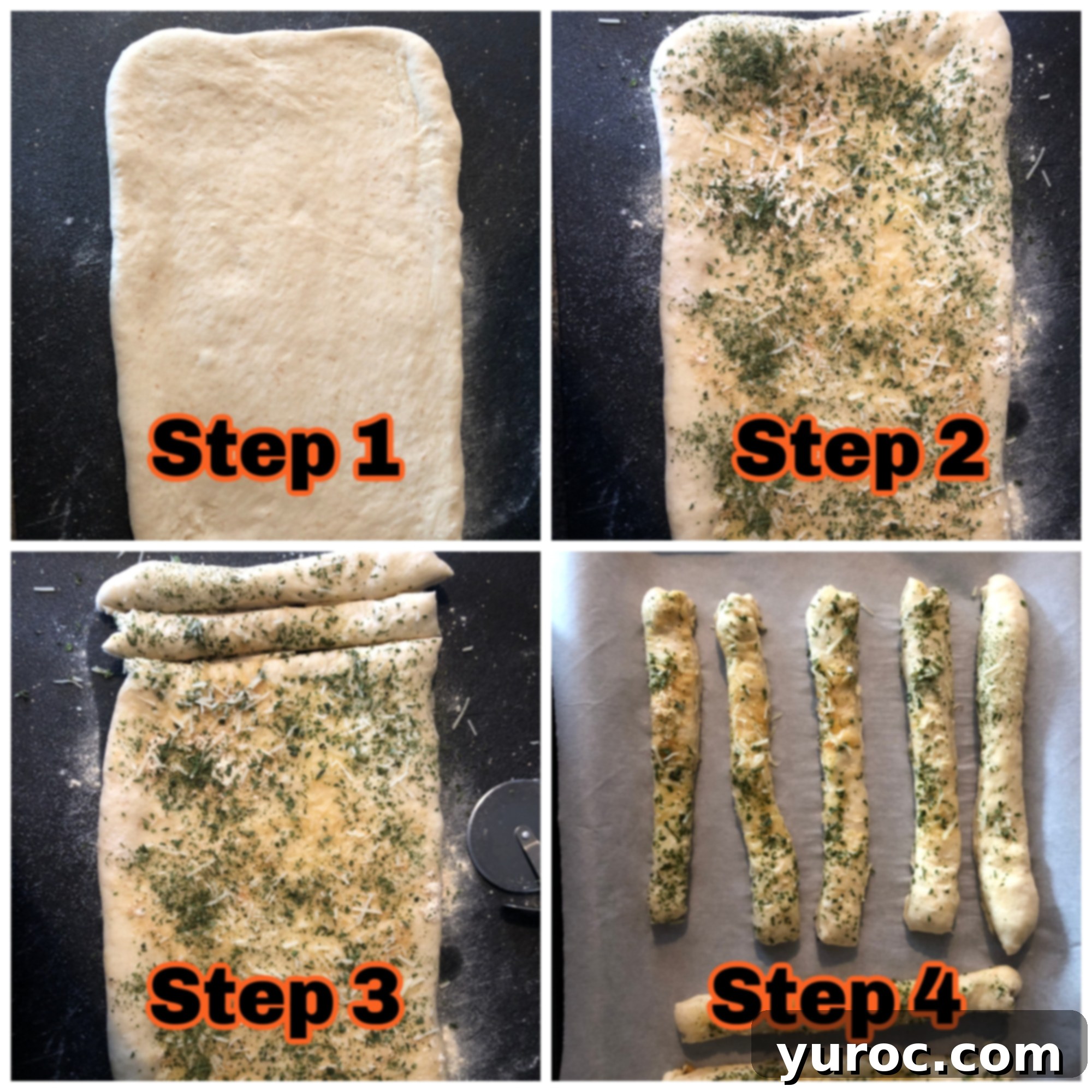Four-step visual guide showing how to roll, season, cut, and place bread machine breadsticks on a baking sheet before baking.