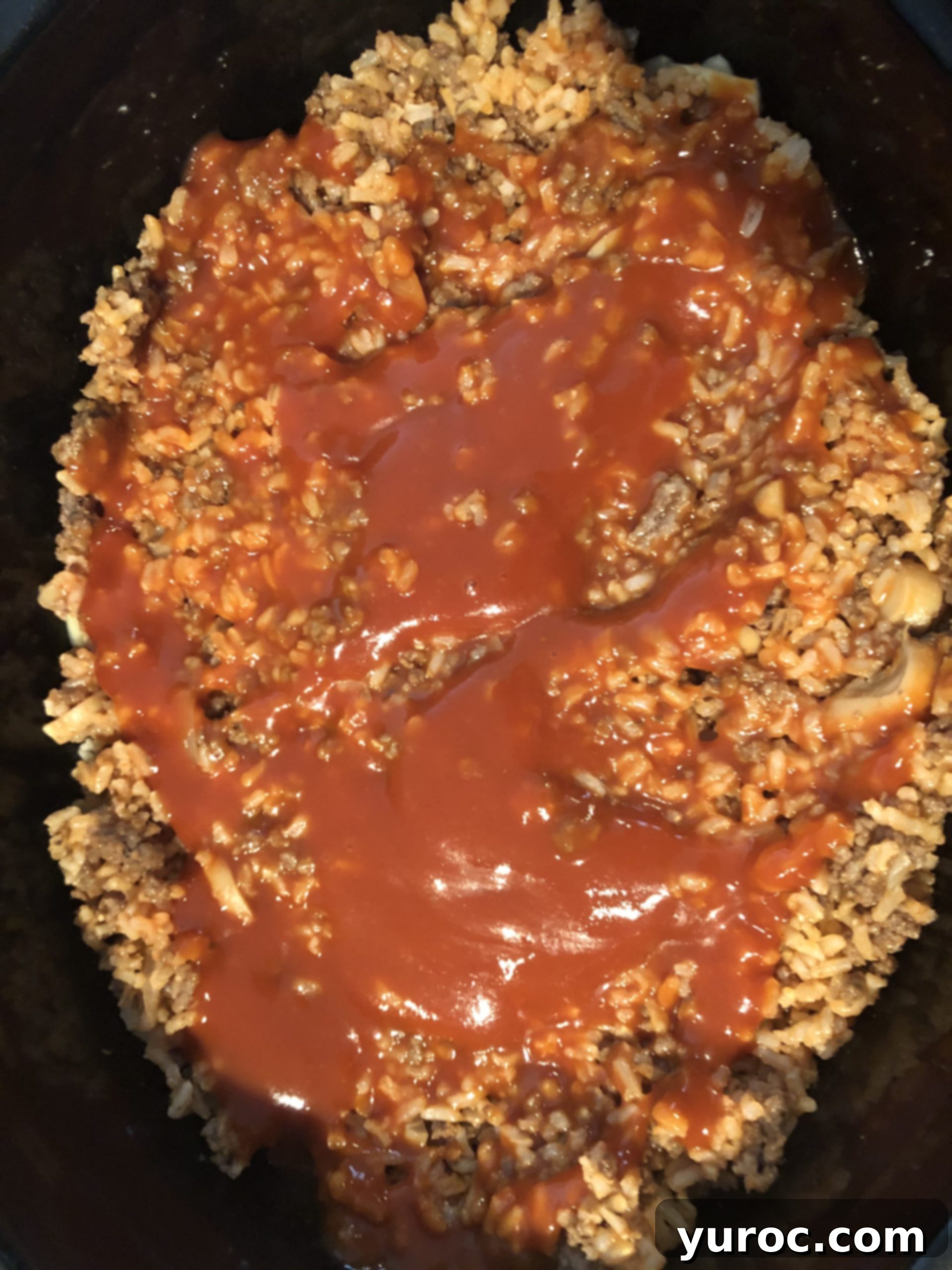 meat and rice mixture with tomato soup on top