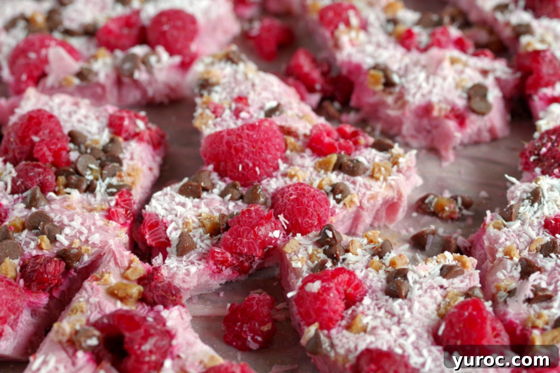 Close-up of healthy raspberry frozen yogurt bark broken into irregular, tempting pieces, showcasing the vibrant colors of raspberries, white yogurt, and dark chocolate chips
