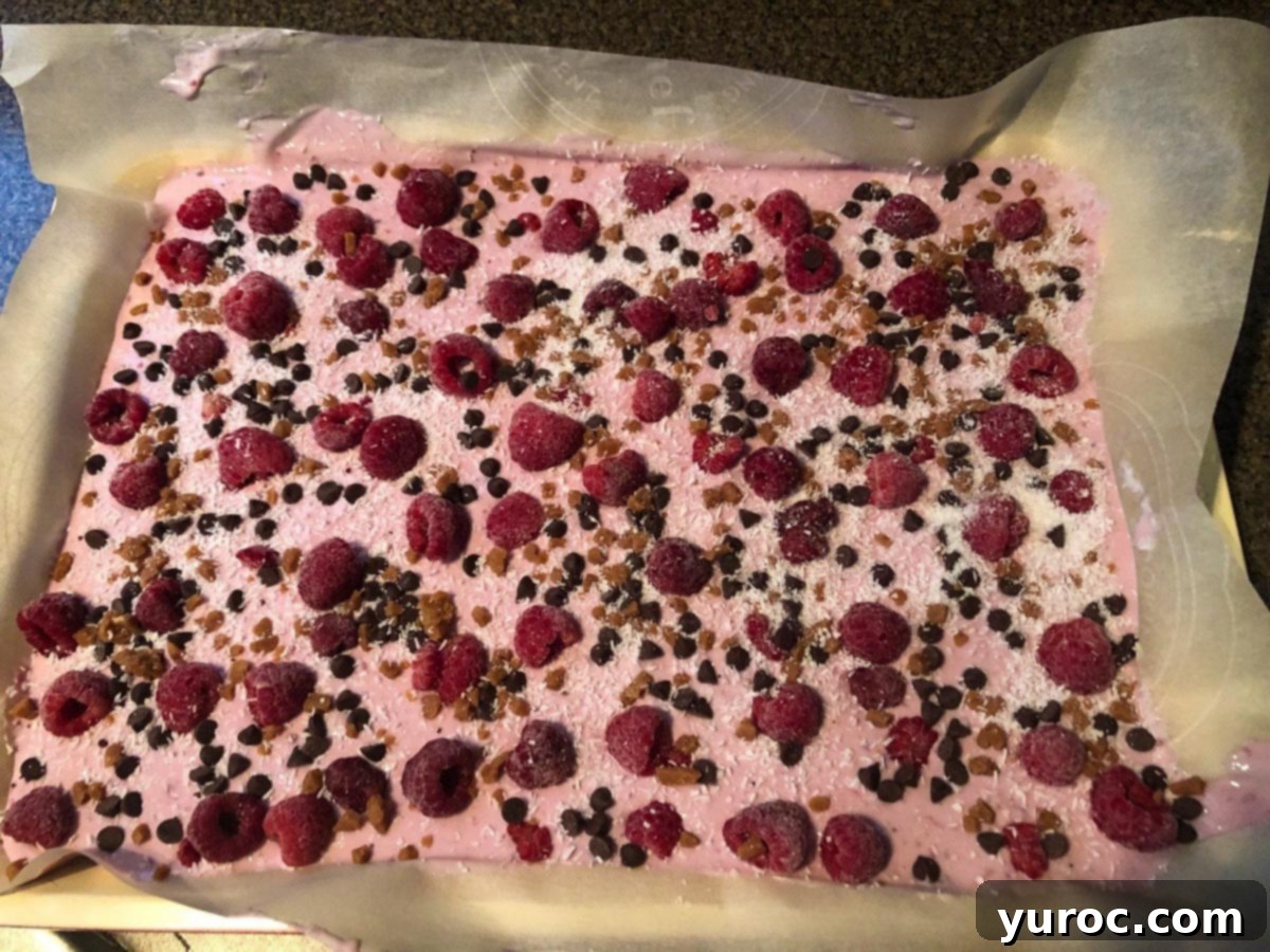 Raspberry yogurt base on a baking sheet, topped with frozen raspberries, mini chocolate chips, toffee bits, and coconut