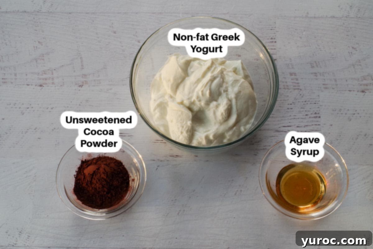 Three glass bowls displaying the main ingredients for chocolate Greek yogurt: unsweetened cocoa powder, agave syrup, and plain Greek yogurt.