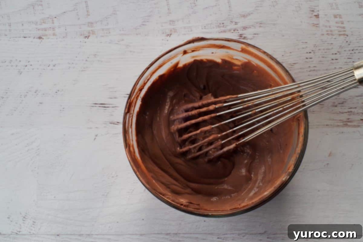 The fully mixed, smooth, and rich chocolate Greek yogurt in a glass bowl, ready to be served.