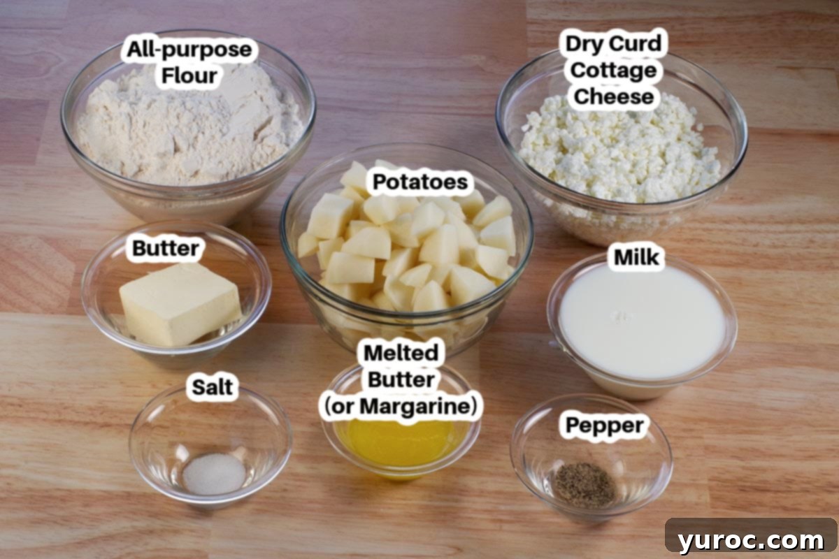 ingredients in cottage cheese pierogies in glass bowls, labelled