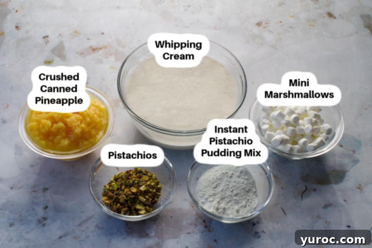 Creamy Pistachio Fluff 3 Ingredients for Pistachio Watergate Salad, including whipped cream, dry pistachio pudding mix, chopped pistachios, mini marshmallows, and a can of crushed pineapple, displayed in separate glass bowls.