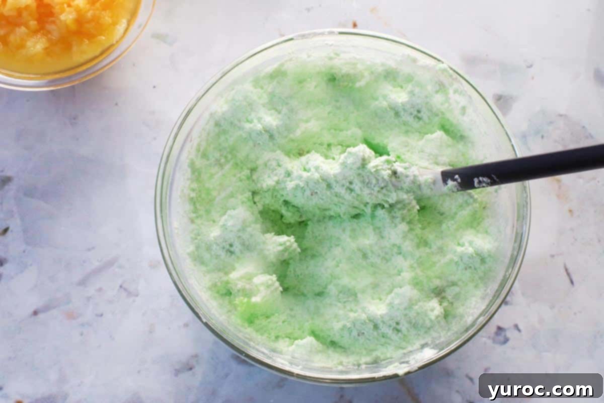 Creamy Pistachio Fluff 6 Dry instant Pistachio pudding mix being gently folded into whipped cream in a glass bowl with a spatula, creating a pale green mixture.