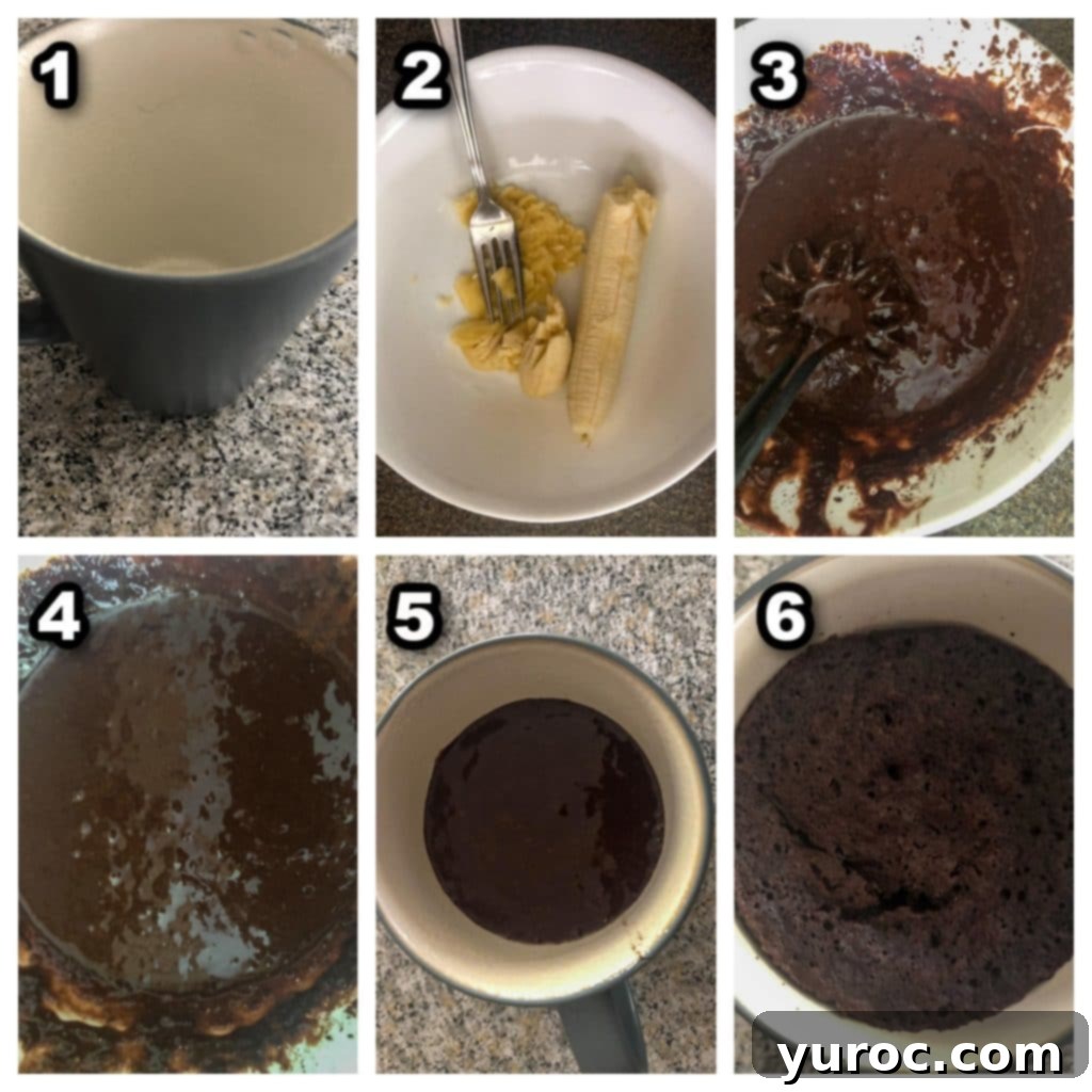 Instant Guilt-Free Chocolate Banana Mug Cake 3 A collage of six photos illustrating the step-by-step process of making the Healthy Microwave Chocolate Mug Cake.
