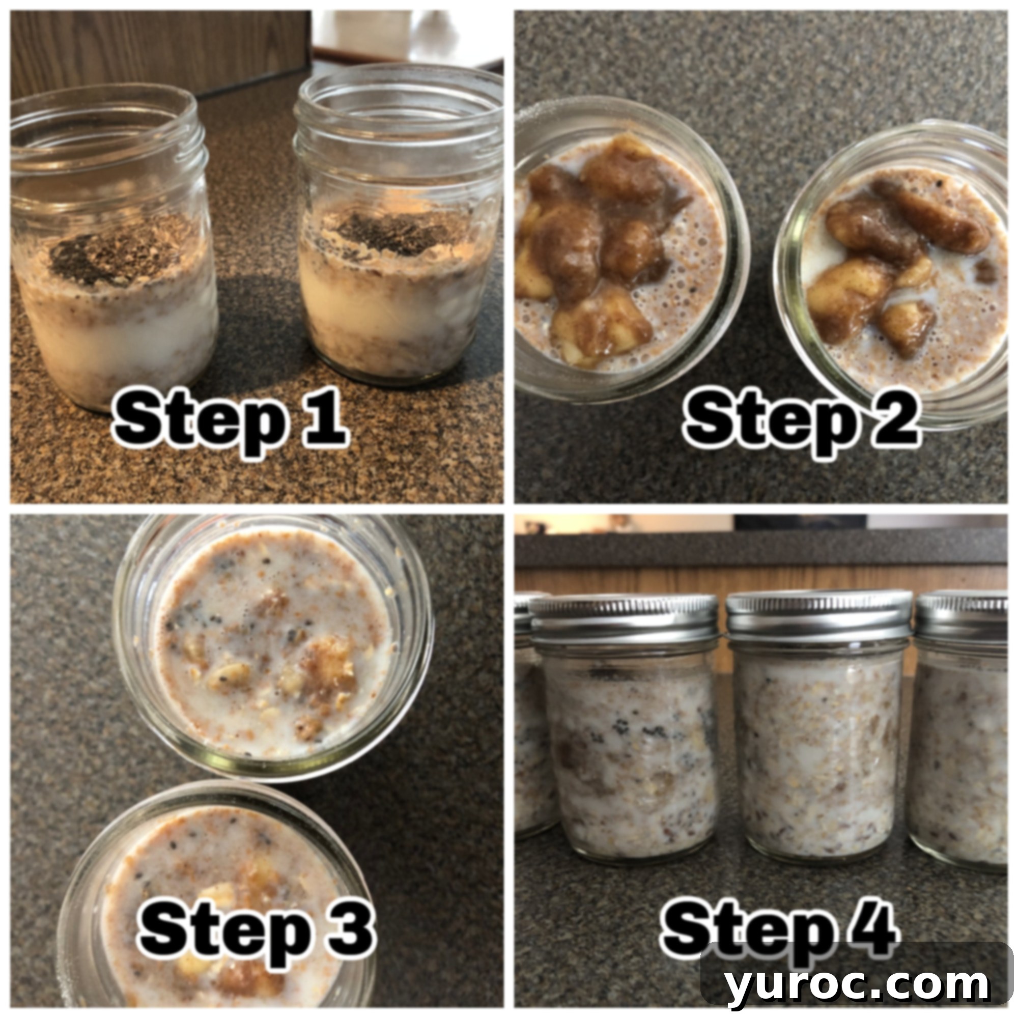 Wholesome Bananas Foster Overnight Oats 4 collage of 4 photos showing how to make ww bananas foster overnight oats