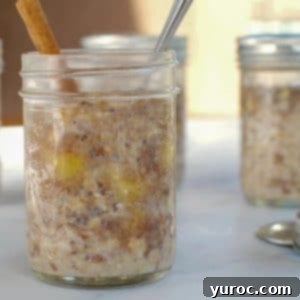 Wholesome Bananas Foster Overnight Oats 6 Bananas Foster Overnight Oats in a jar with jars in overnight oats behind